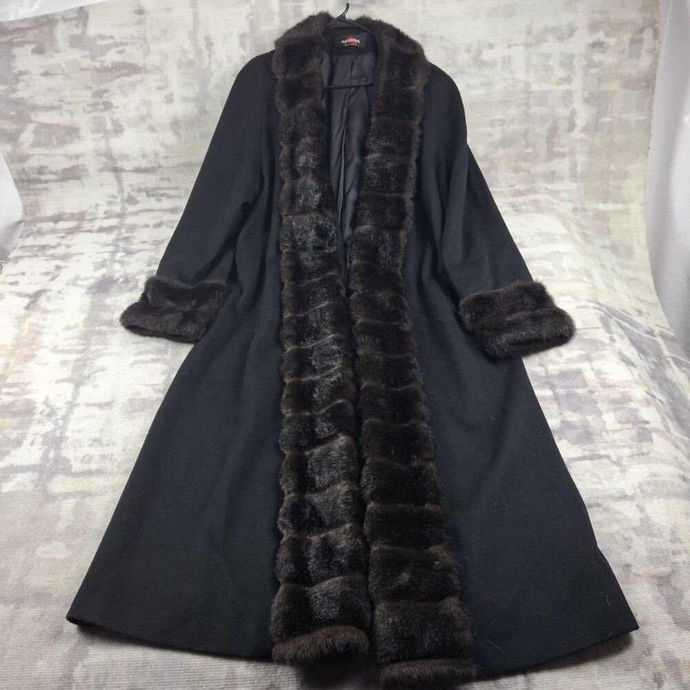 Vintage Alorna 100% Wool Coat Womens XL L Tuxedo Penny Lane Faux Fur Trim USA